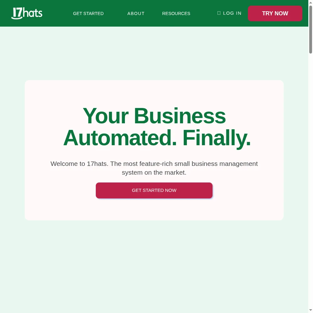 17hats homepage — 'Your Business Automated. Finally.'