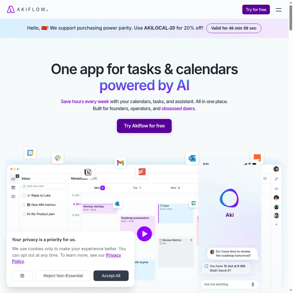 Akiflow desktop interface: command bar on top, calendar timeline on the right, unscheduled task inbox on the left