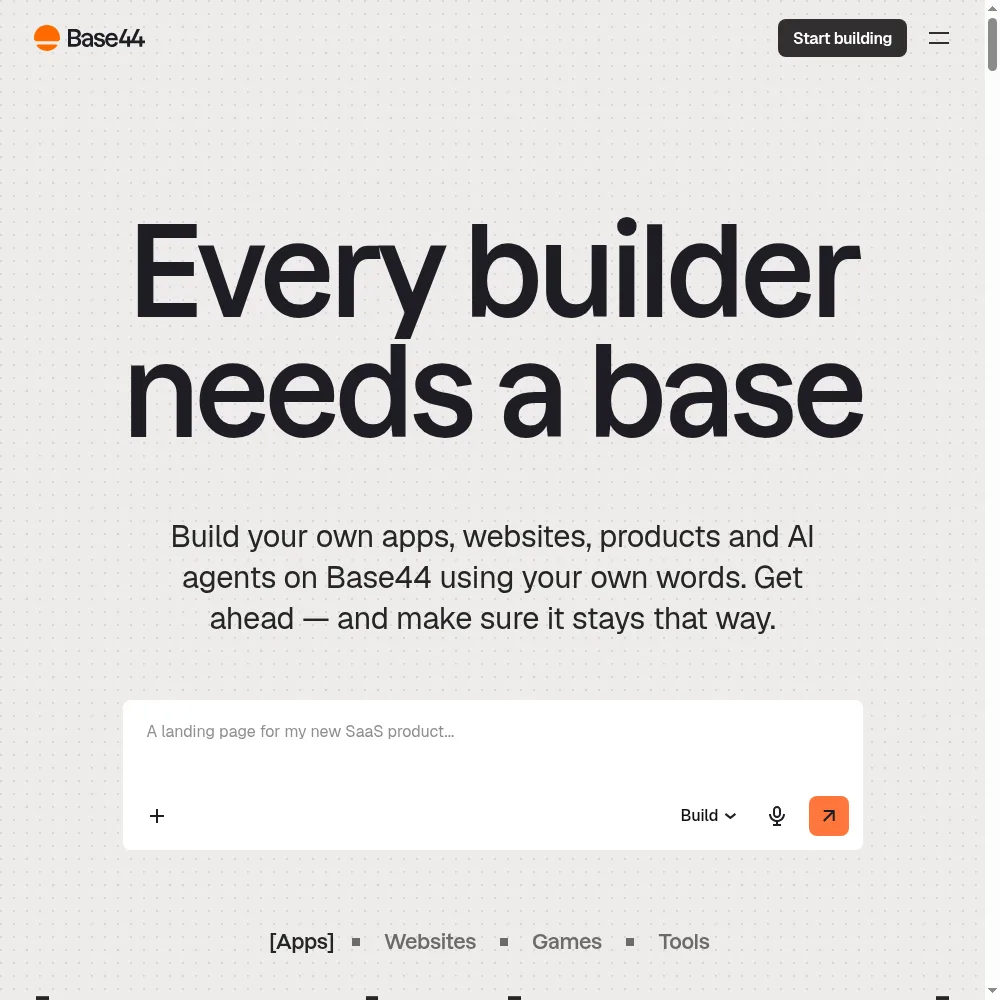 Base44 AI app builder interface: a prompt panel generating a full-stack internal tool preview with data tables and auth