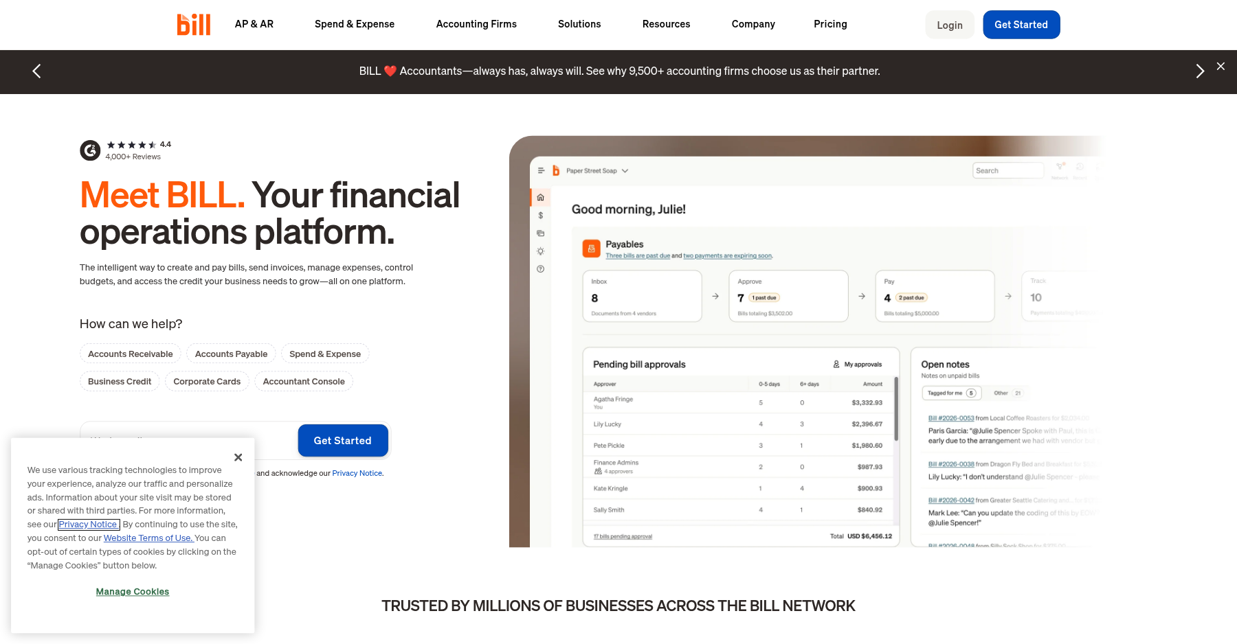 BILL accounts payable inbox showing incoming bills and approval status