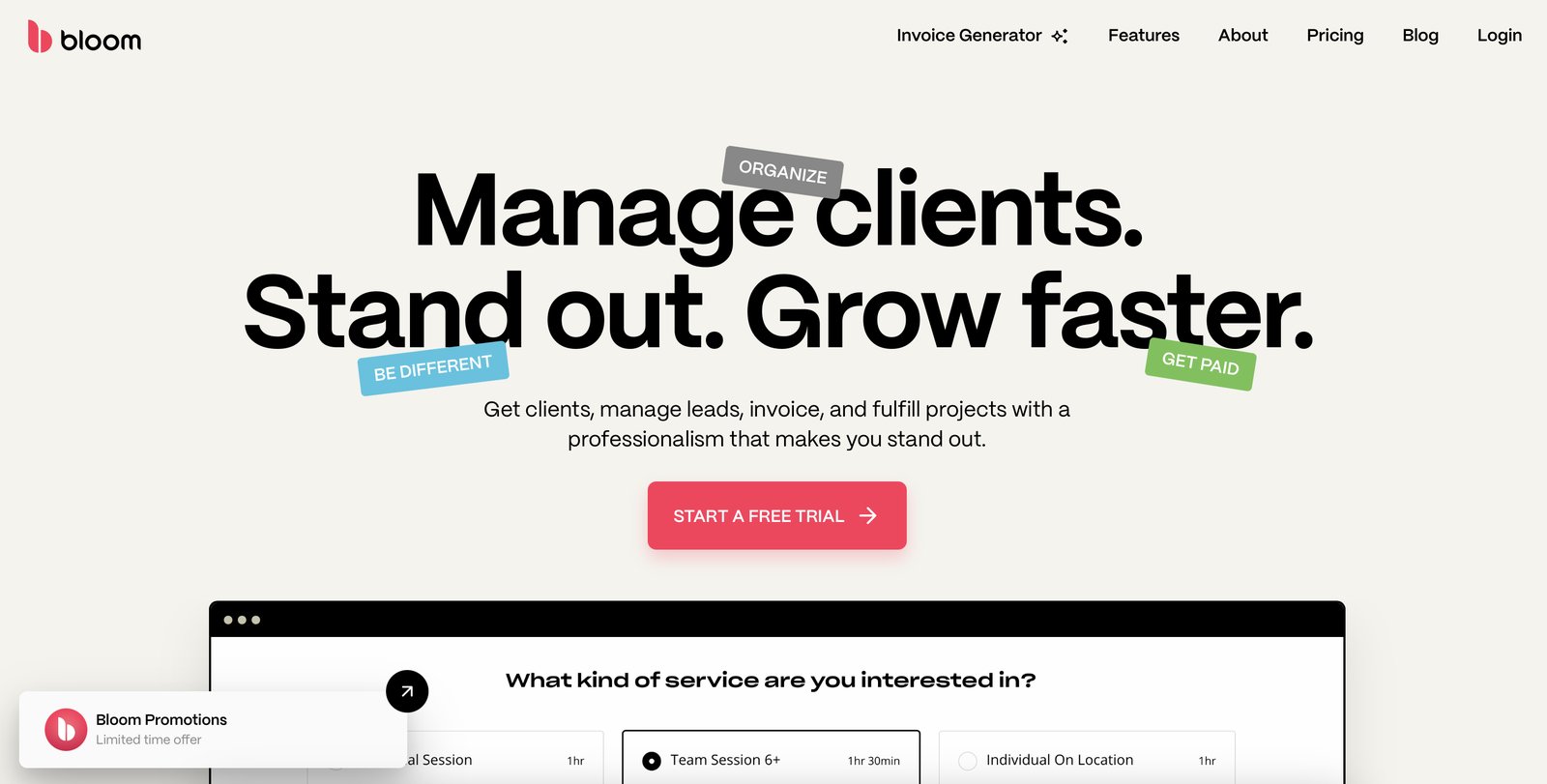 Bloom homepage and studio management dashboard