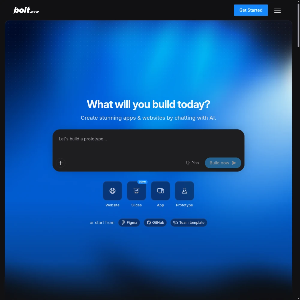 Bolt.new interface from StackBlitz: a chat prompt on the left and a live running full-stack app preview on the right, all in the browser