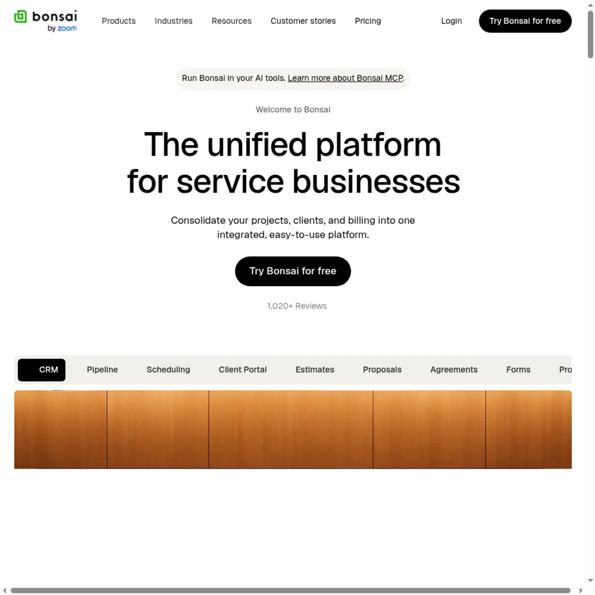Bonsai homepage — the unified platform for service businesses