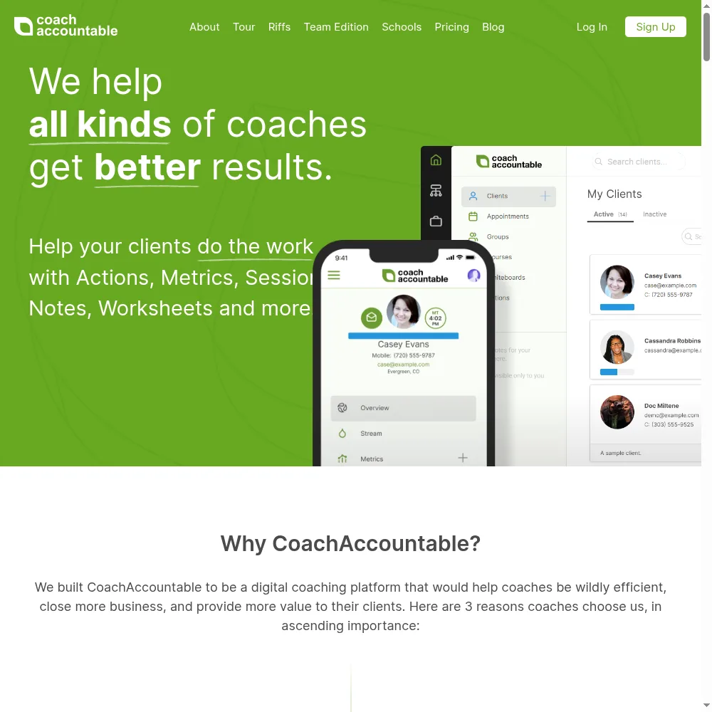 CoachAccountable: worksheets, metrics tracking, action items, session notes and automations in one accountability workspace