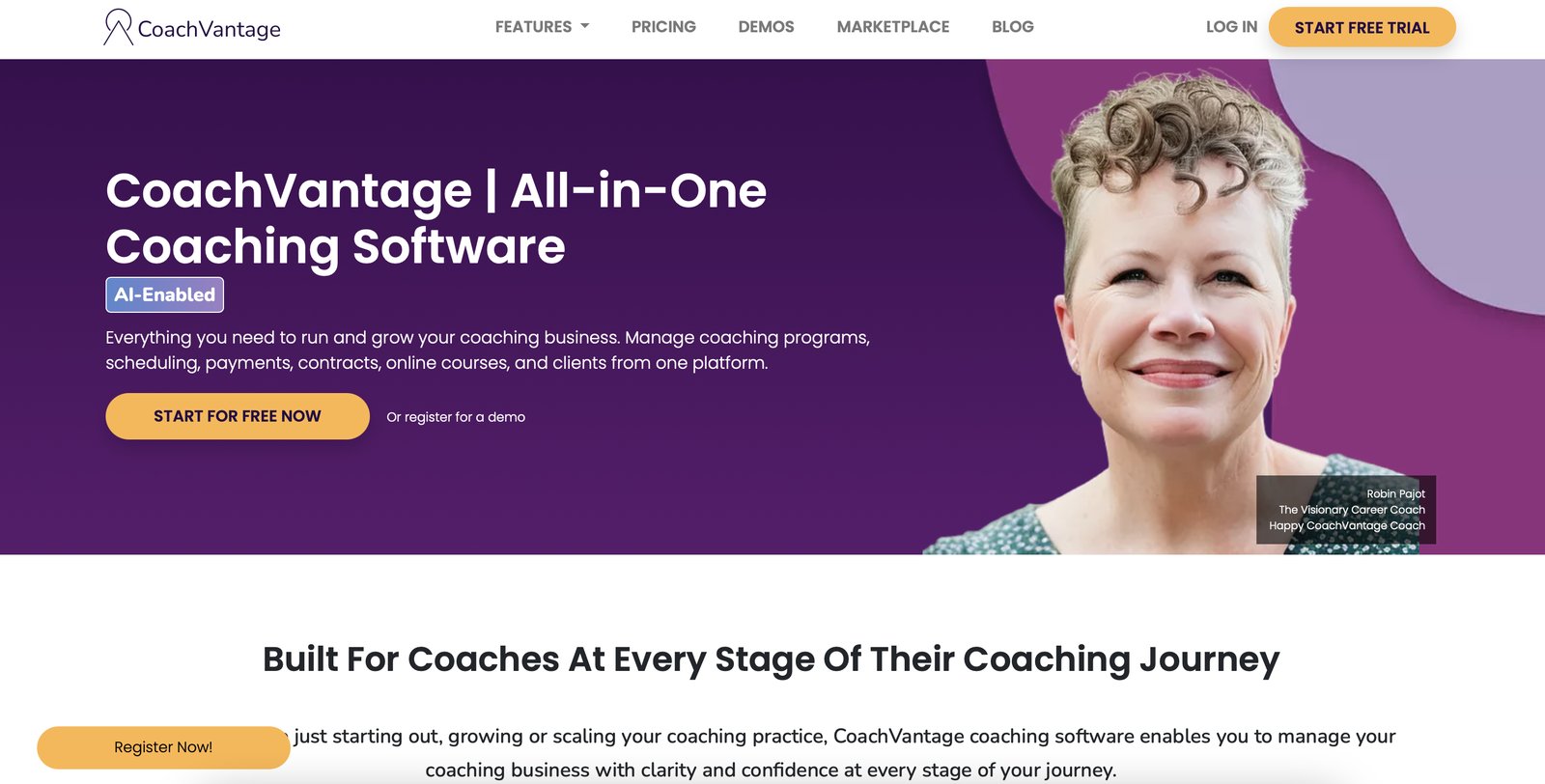 CoachVantage coaching back-office dashboard with contacts, booking, and invoicing