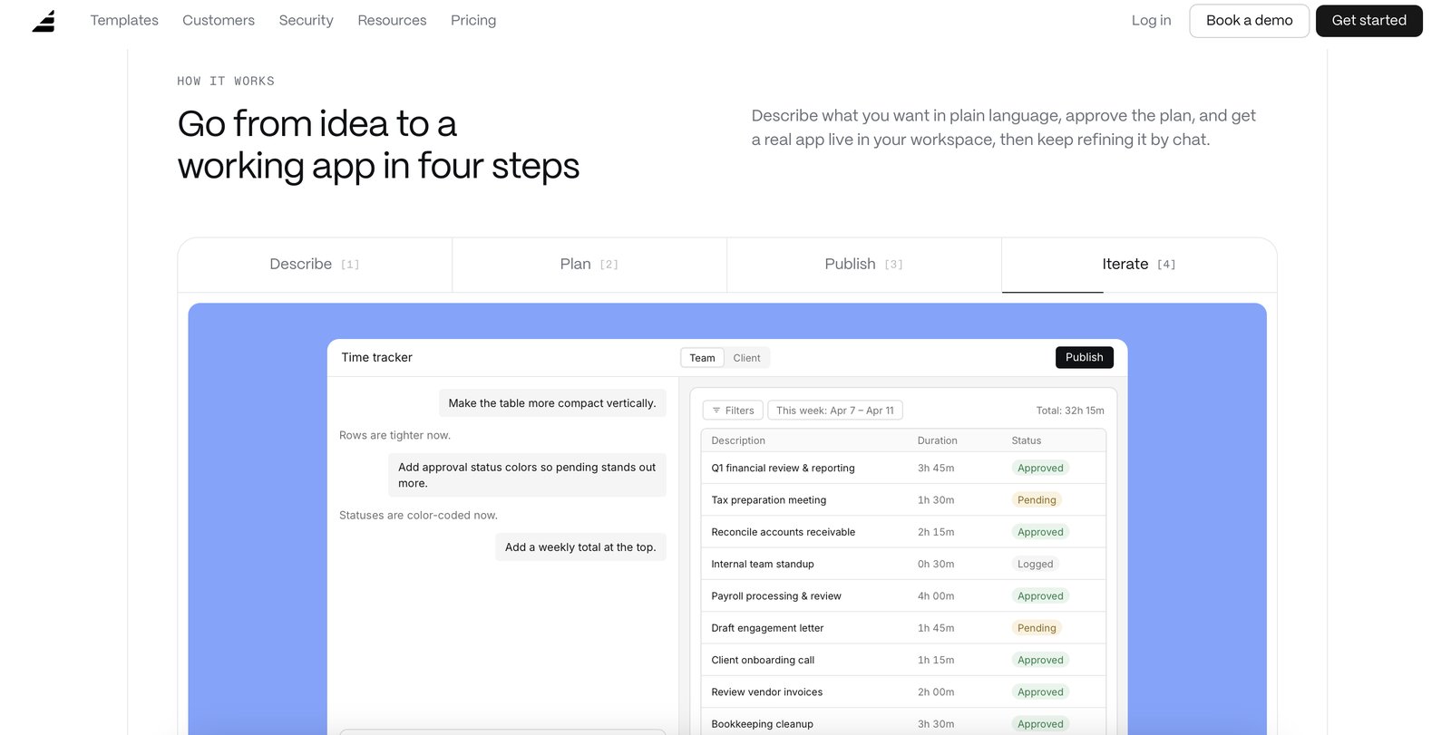 Assembly AI app builder turning a plain-English prompt into a working time-tracker client app