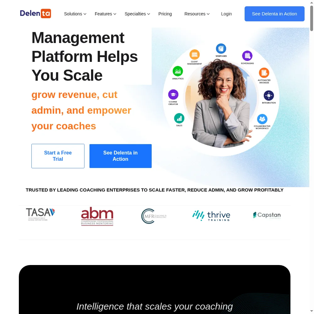 Delenta coaching platform dashboard: CRM contacts, booking calendar, client portals, and payments in one interface