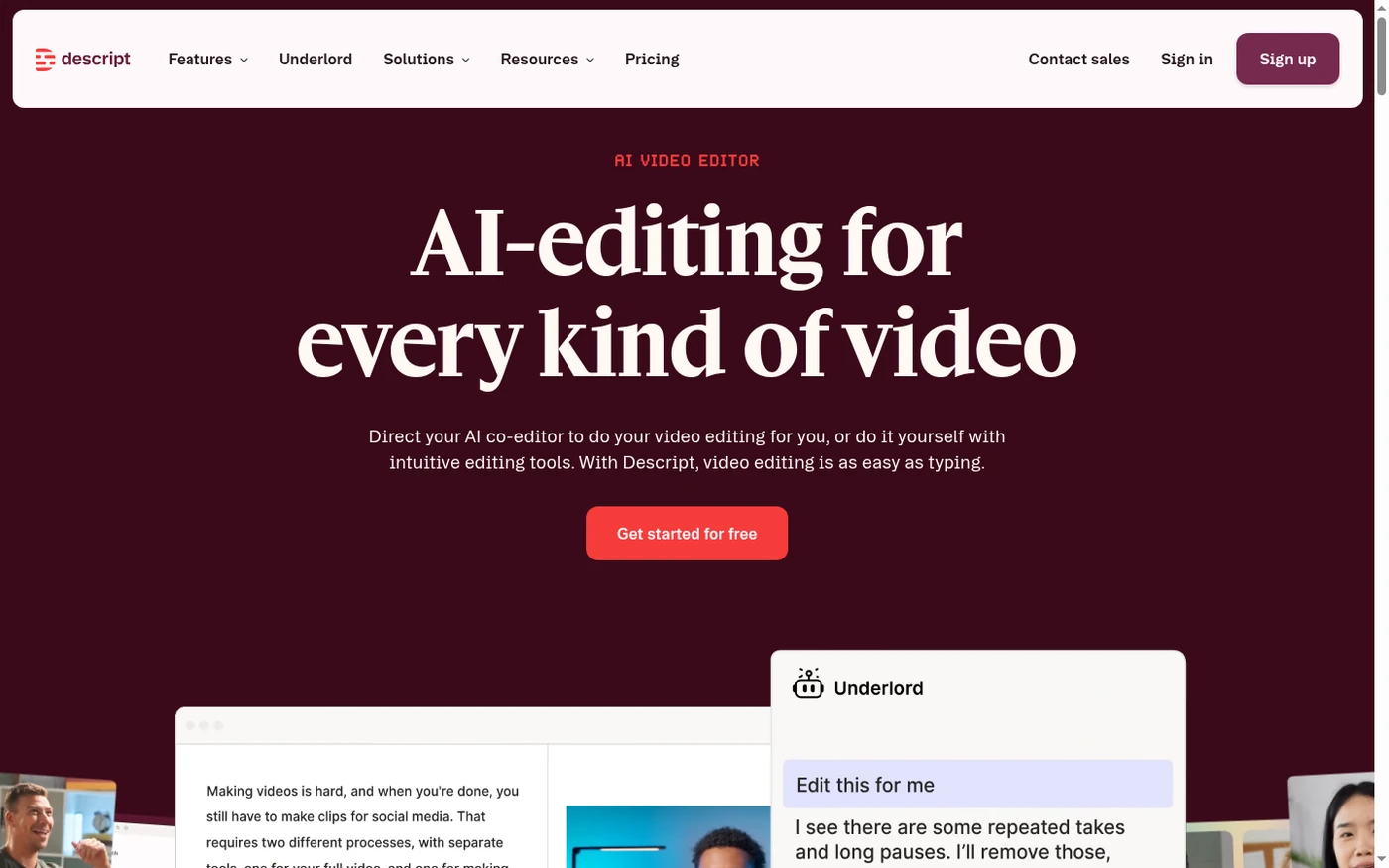Descript homepage and product interface