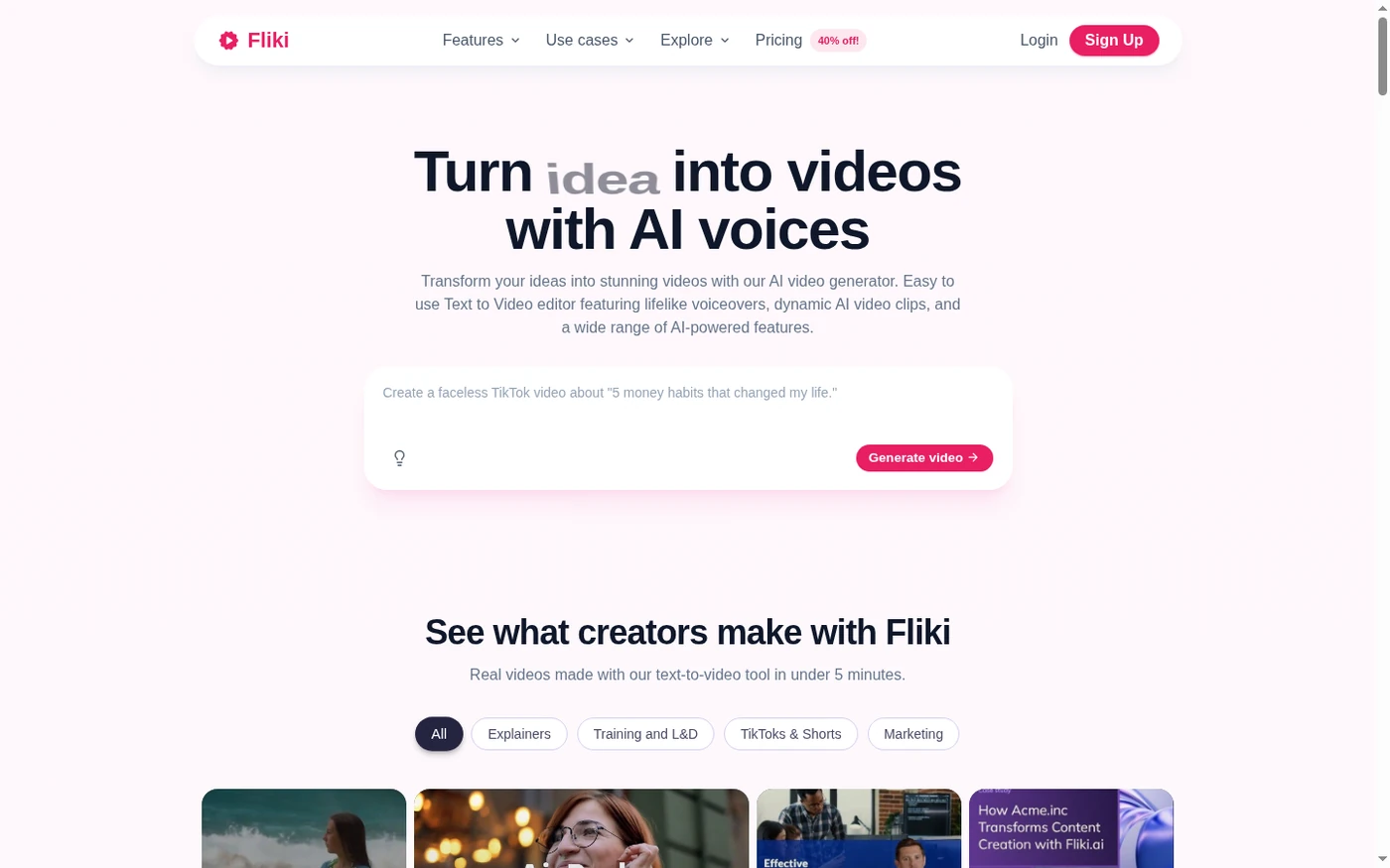 Fliki homepage and product interface
