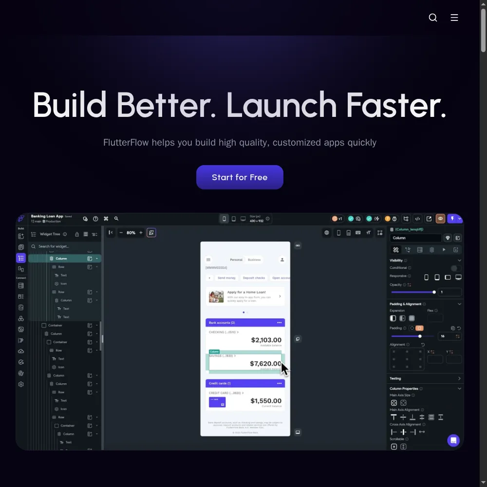 FlutterFlow visual canvas showing a mobile app screen with widget tree and live preview