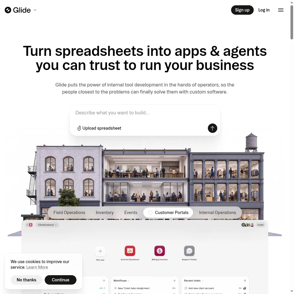Glide app builder interface showing a spreadsheet data source bound to a mobile app preview