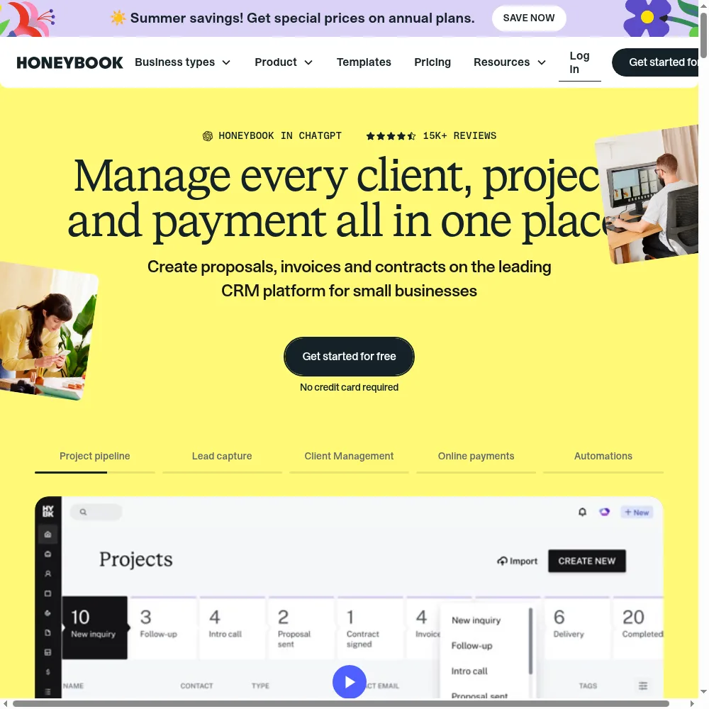 HoneyBook homepage and client relationship platform