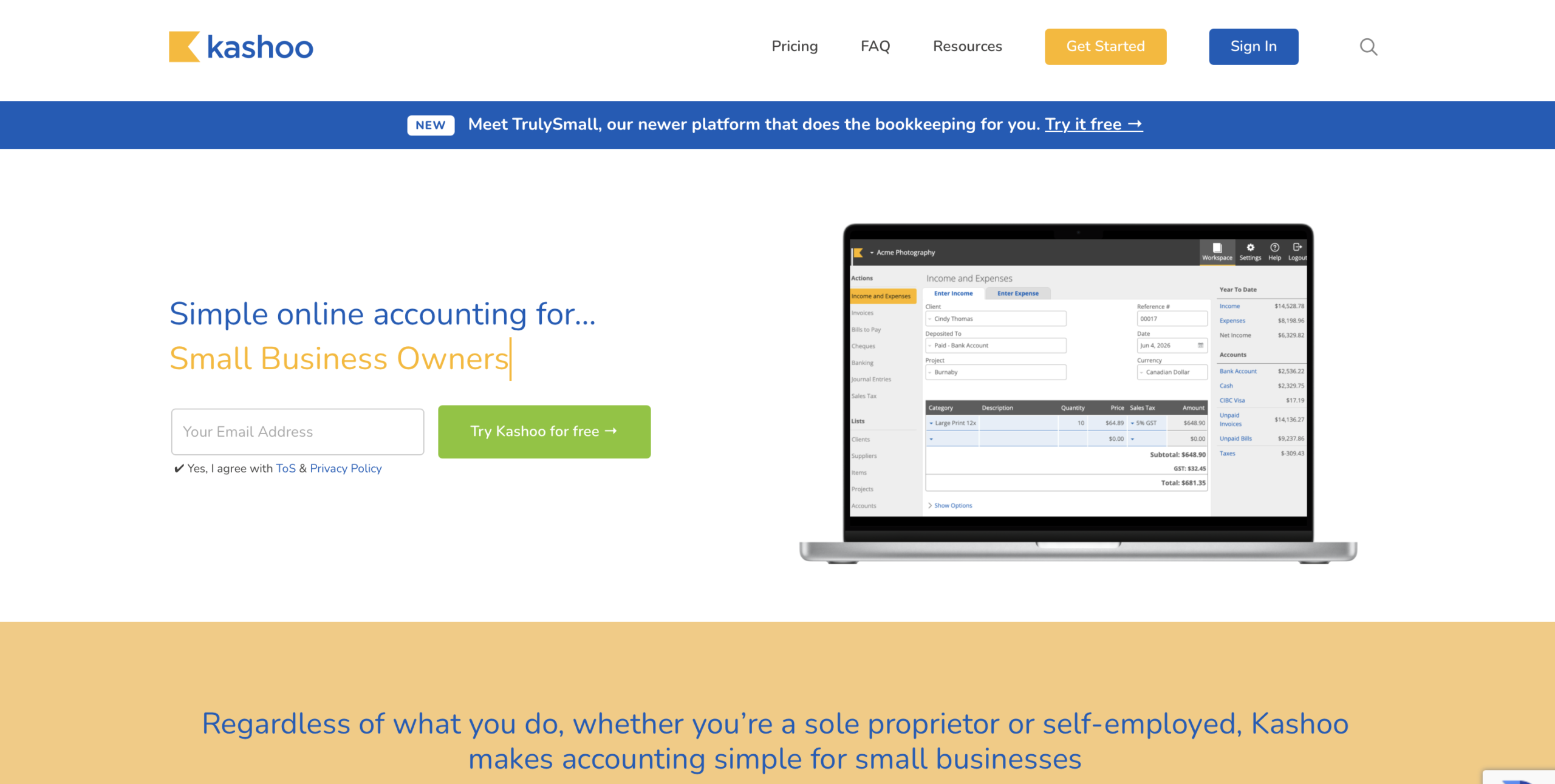 Kashoo dashboard showing income, expenses, and unpaid invoices