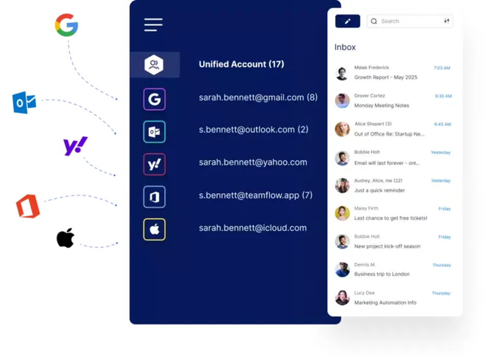 Mailbird unified account inbox combining Gmail, Outlook and iCloud