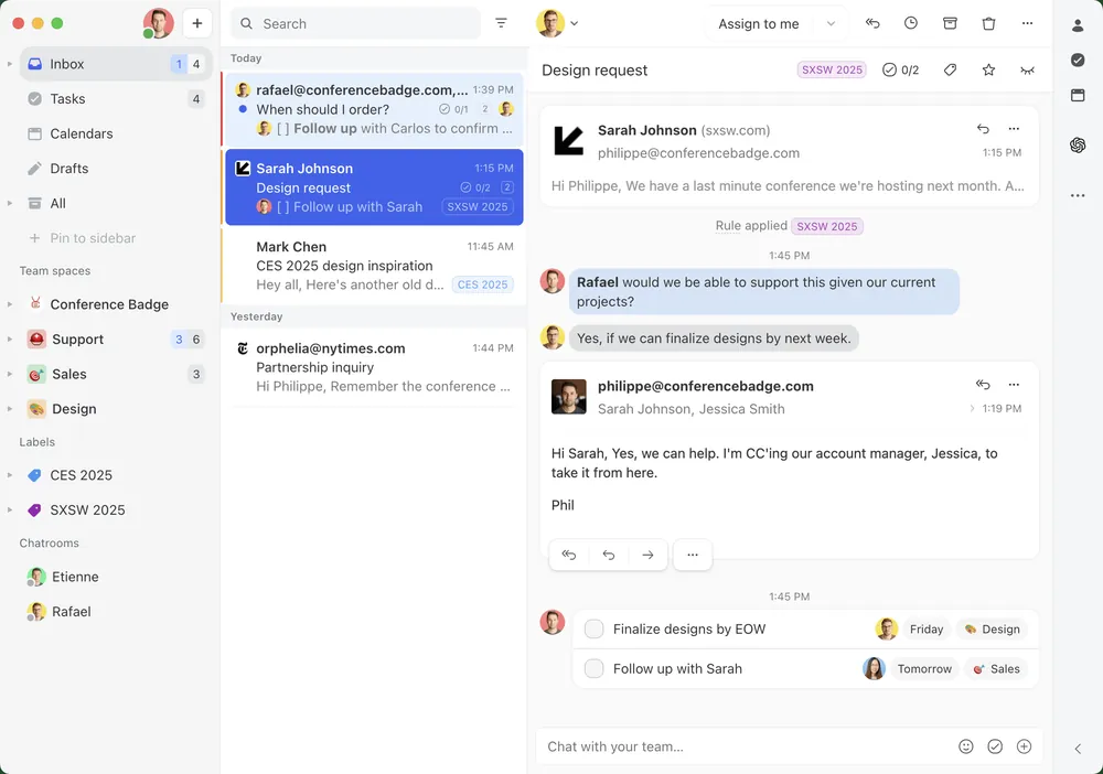 Missive shared inbox interface: team spaces on the left, threaded email and internal team chat in one window