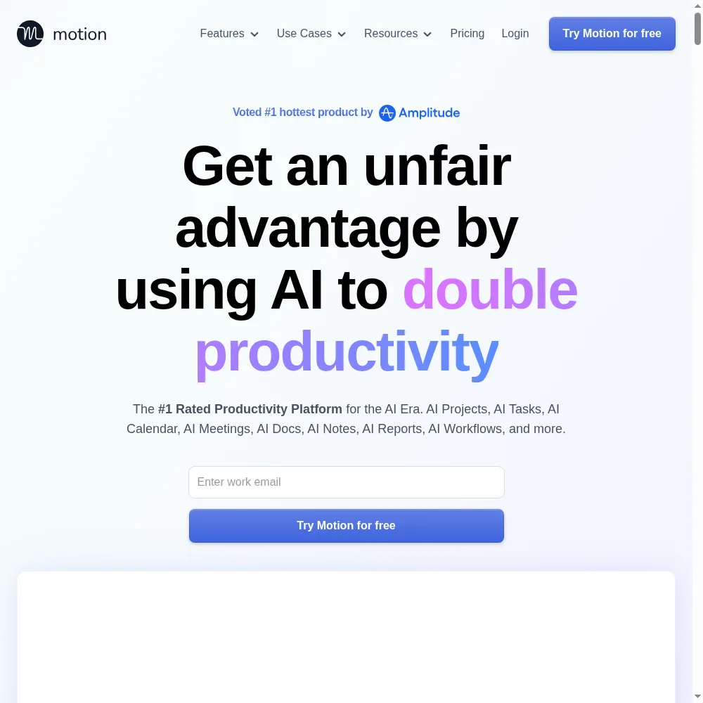 Motion AI scheduling interface: an auto-built day with time-blocked tasks, calendar events, and an AI sidebar