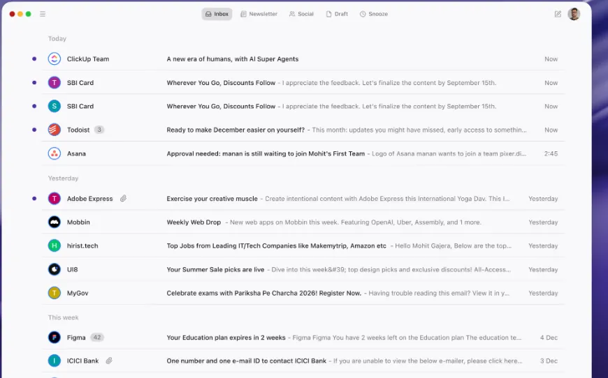 Newton Mail inbox grouped into Today, Yesterday and This week