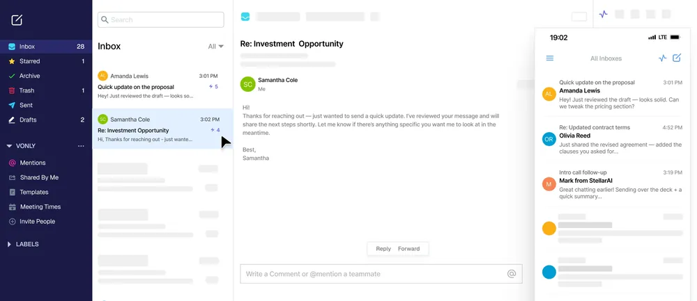 Polymail inbox with follow-up flags, reading pane and mobile view