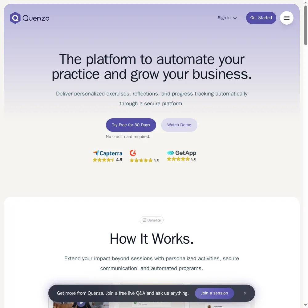 Quenza coaching platform: interactive exercise builder, automated pathways, and a client portal with a deep content library
