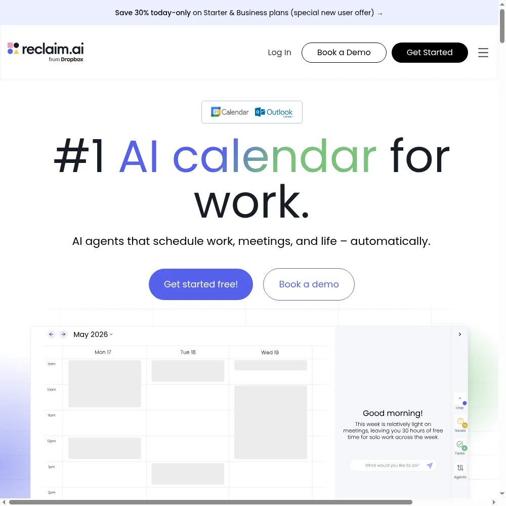 Reclaim.ai dashboard: a Google Calendar week view with auto-scheduled task blocks, habits, and buffer events color-coded by priority