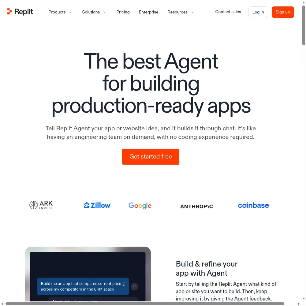 Replit Agent interface: a chat prompt on the left driving a live full-stack app preview in the browser IDE