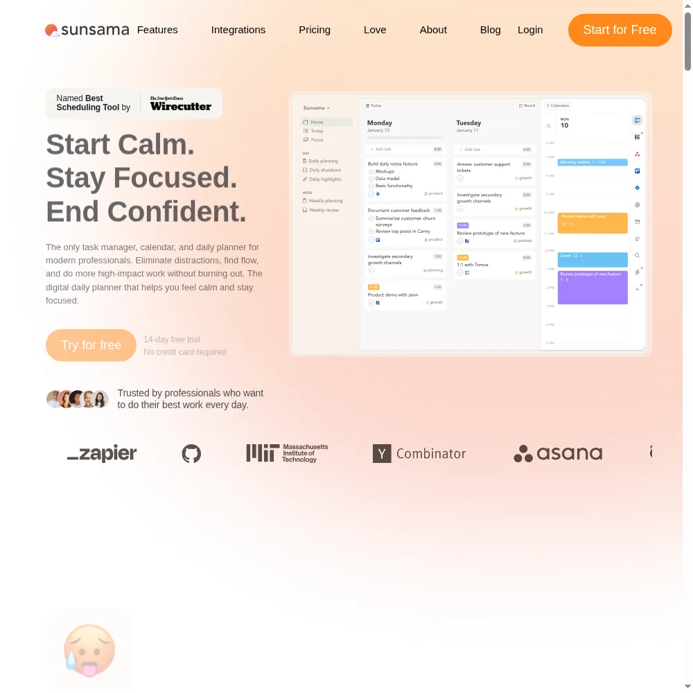 Sunsama daily planning interface: a planned day view with time-blocked tasks, calendar events, and a sidebar pulling tasks from connected tools
