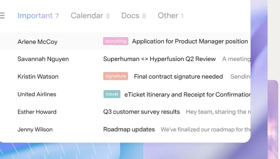 Superhuman inbox showing Split Inbox tabs