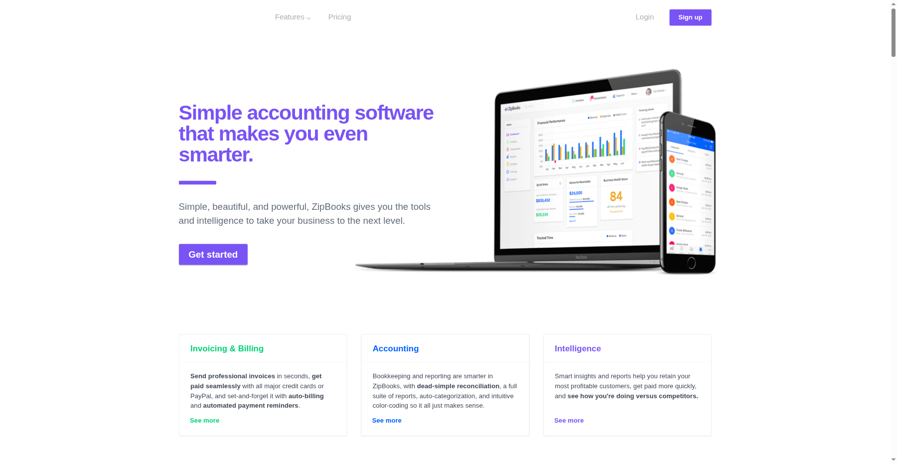 ZipBooks dashboard with income and expenses overview