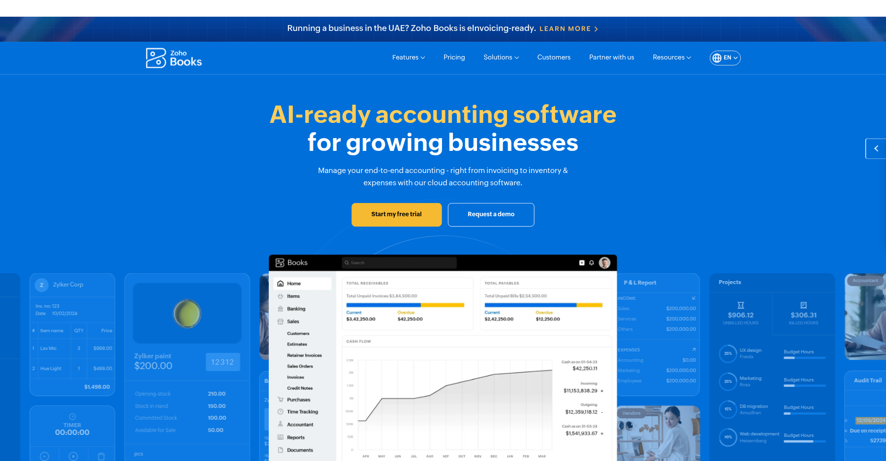 Zoho Books dashboard showing cash flow and receivables