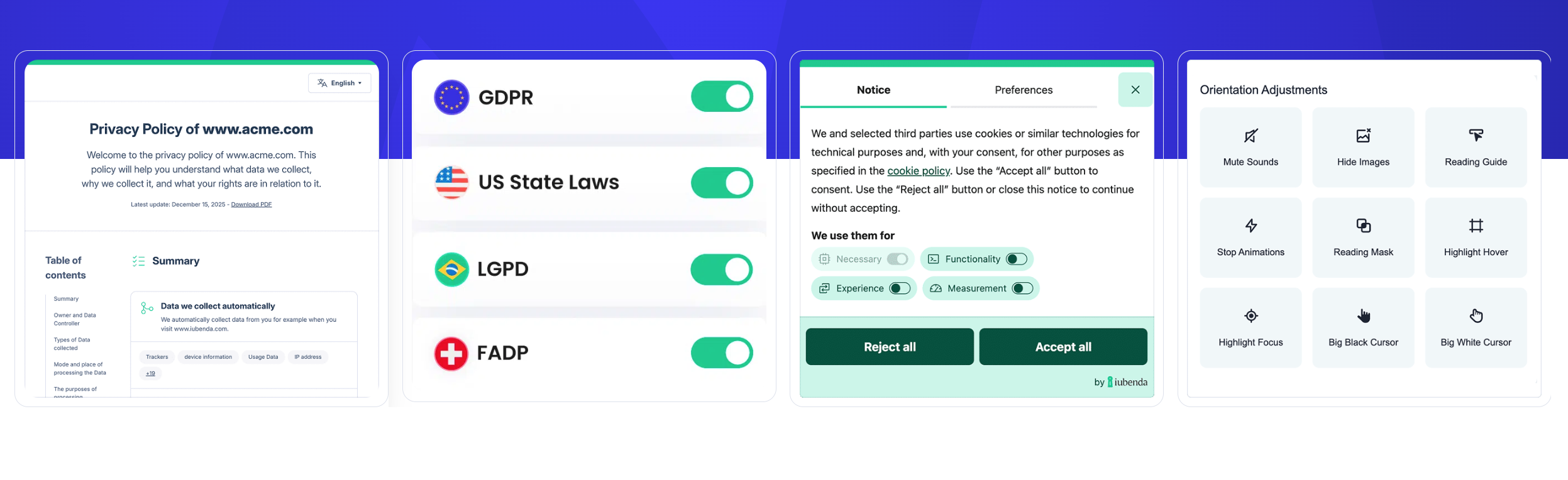 iubenda privacy policy, regional law toggles, cookie banner, and accessibility settings