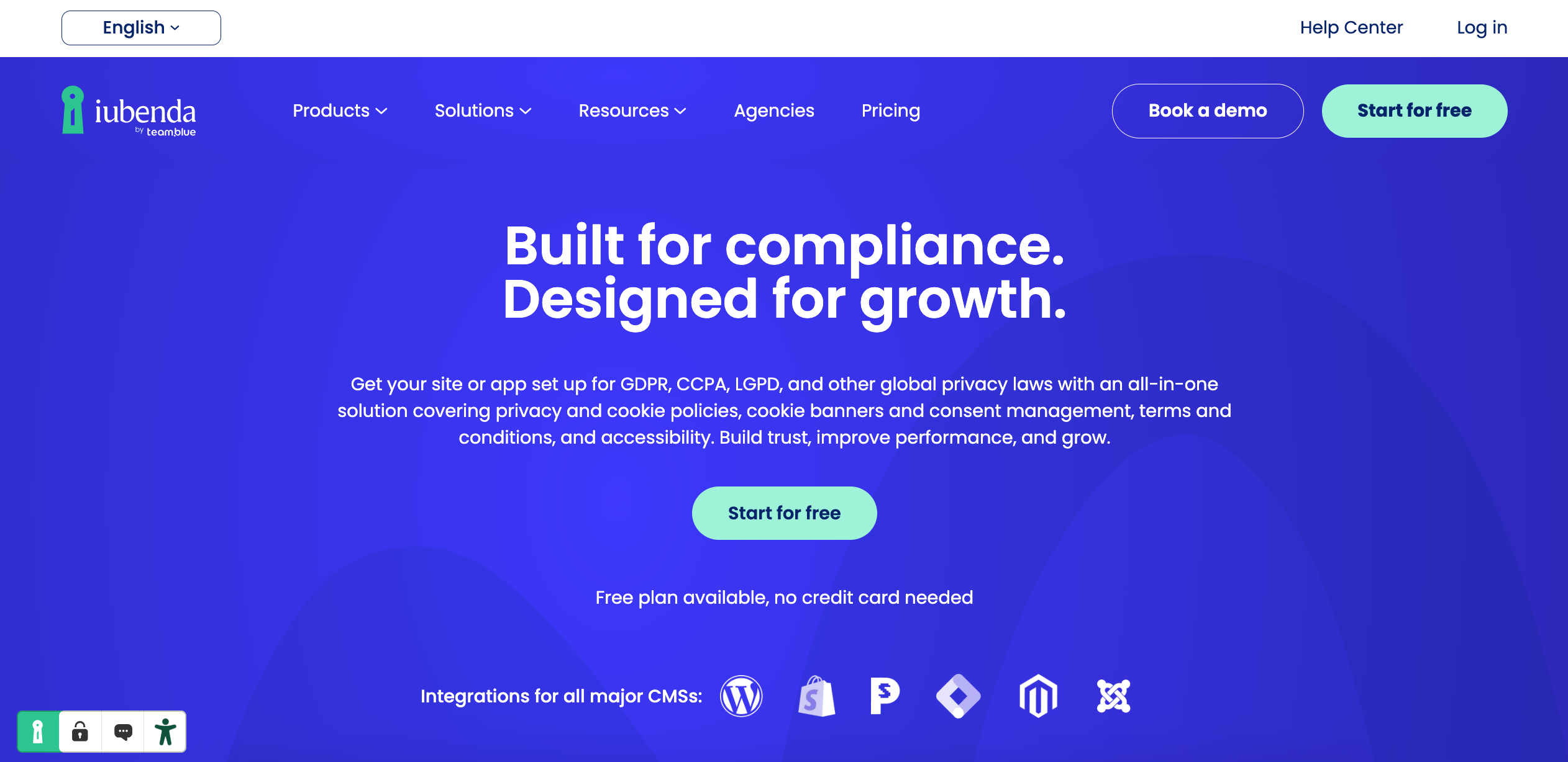 iubenda home page, built for compliance and designed for growth