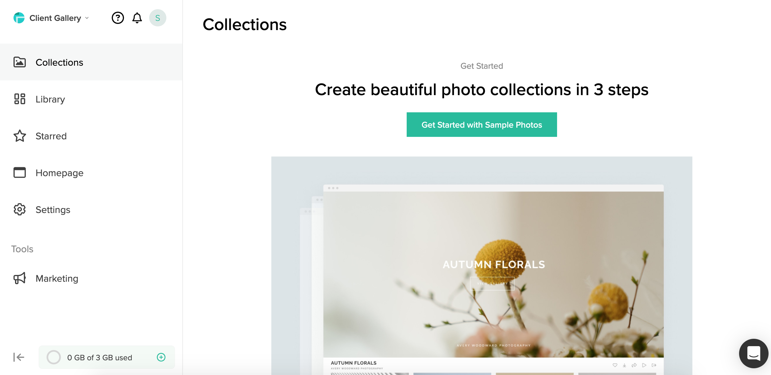 Pixieset Client Gallery dashboard: 0 GB of 3 GB used on the free plan