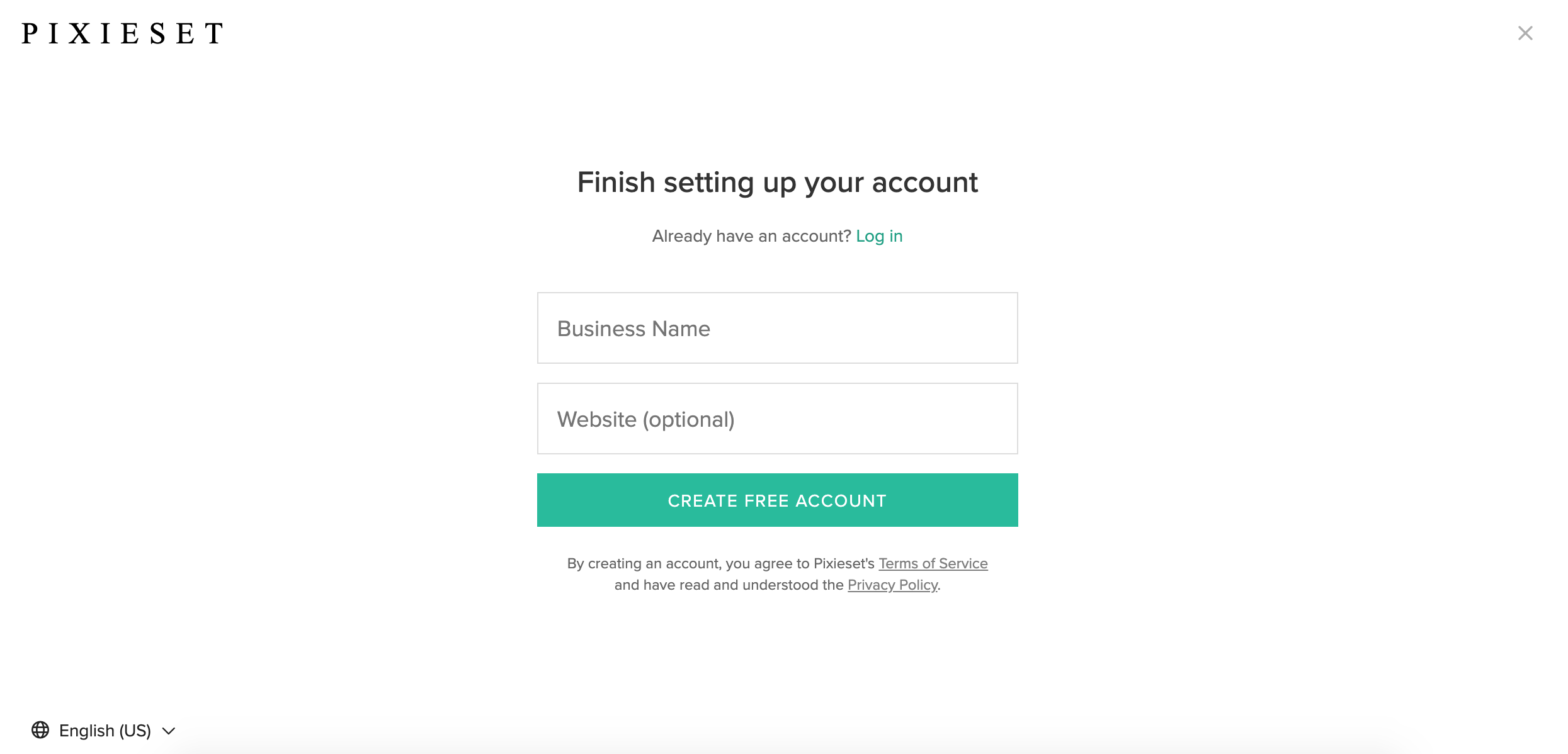 Pixieset sign-up: only business name and optional website, no credit card